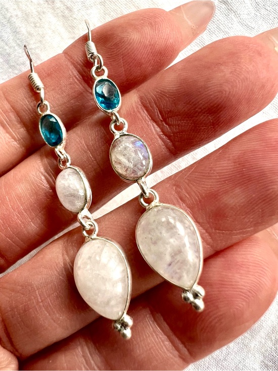 Jewelry - 925 Ethereal Moonstone + Swiss Blue Topaz Long Earrings